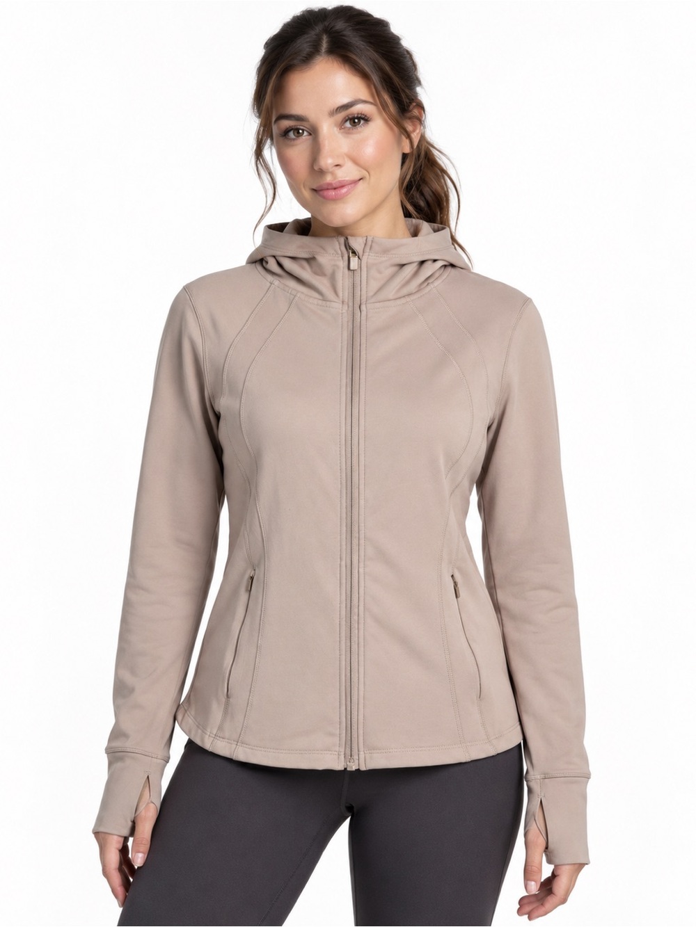Danskin M Taupe Hooded Full Zip Athletic Jacket Thumbholes Vented Stretch Yoga